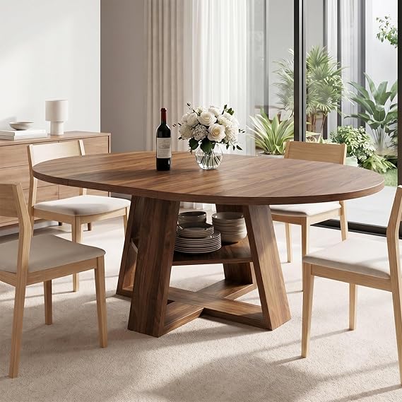 Extendable Round Dining Table, 100cm Farmhouse Wooden Dining Table with Cross Base and Removable Table Plate, Space Saving for Dining Room, Kitchen, Living Room, Walnut (Style 2)