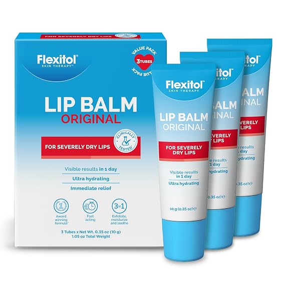Flexitol Original Lip Balm, 2.5% Urea, Hydrating, Long-Lasting | 3 Pack | Exfoliates Dry, Cracked Lips, Petrolatum to Moisturize, Camphor & Menthol to Soothe & Comfort, Fast-Acting, Clinically Tested