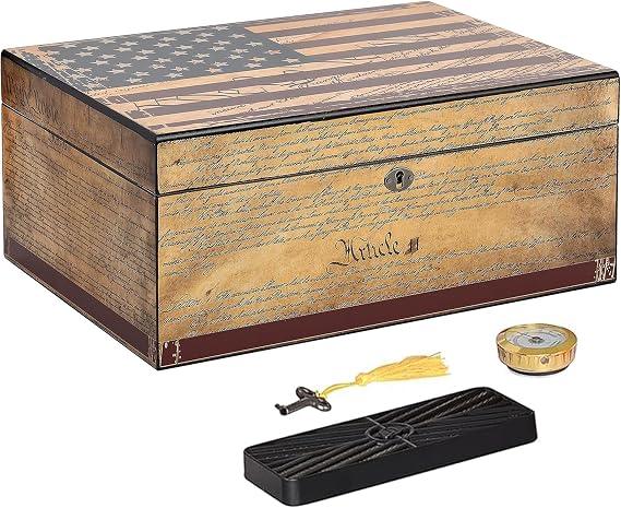 US Constitution Cigar Humidor, Desktop Cigar Storage with Spanish Cedar Tray & Divider, Antique Distressed Finish | Cigar Box with Humidifier & Glass Hygrometer, Holds up to 100 Cigars