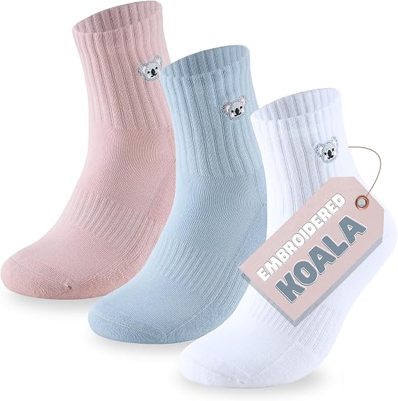 Premium Embroidered Panda Bamboo Crew Socks for Women | Seamless, Cushioned, Breathable, Cute, Cosy | 3 Pairs | UK 4-8