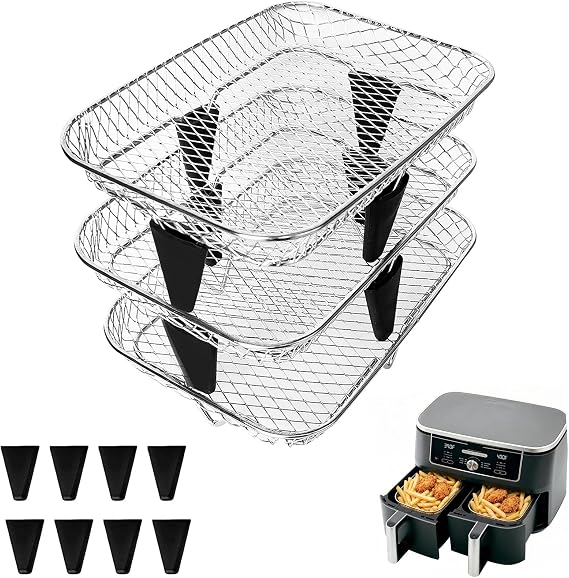 3-Tier Air Fryer Baskets, 7.795.23" Stackable Stainless Steel Racks for Ninja Foodi Dual Zone DZ071 DZ090 DZ201 DZ302 DZ401 DZ550 SL401, Rectangular Air Fryer Accessories with Silicone Feet