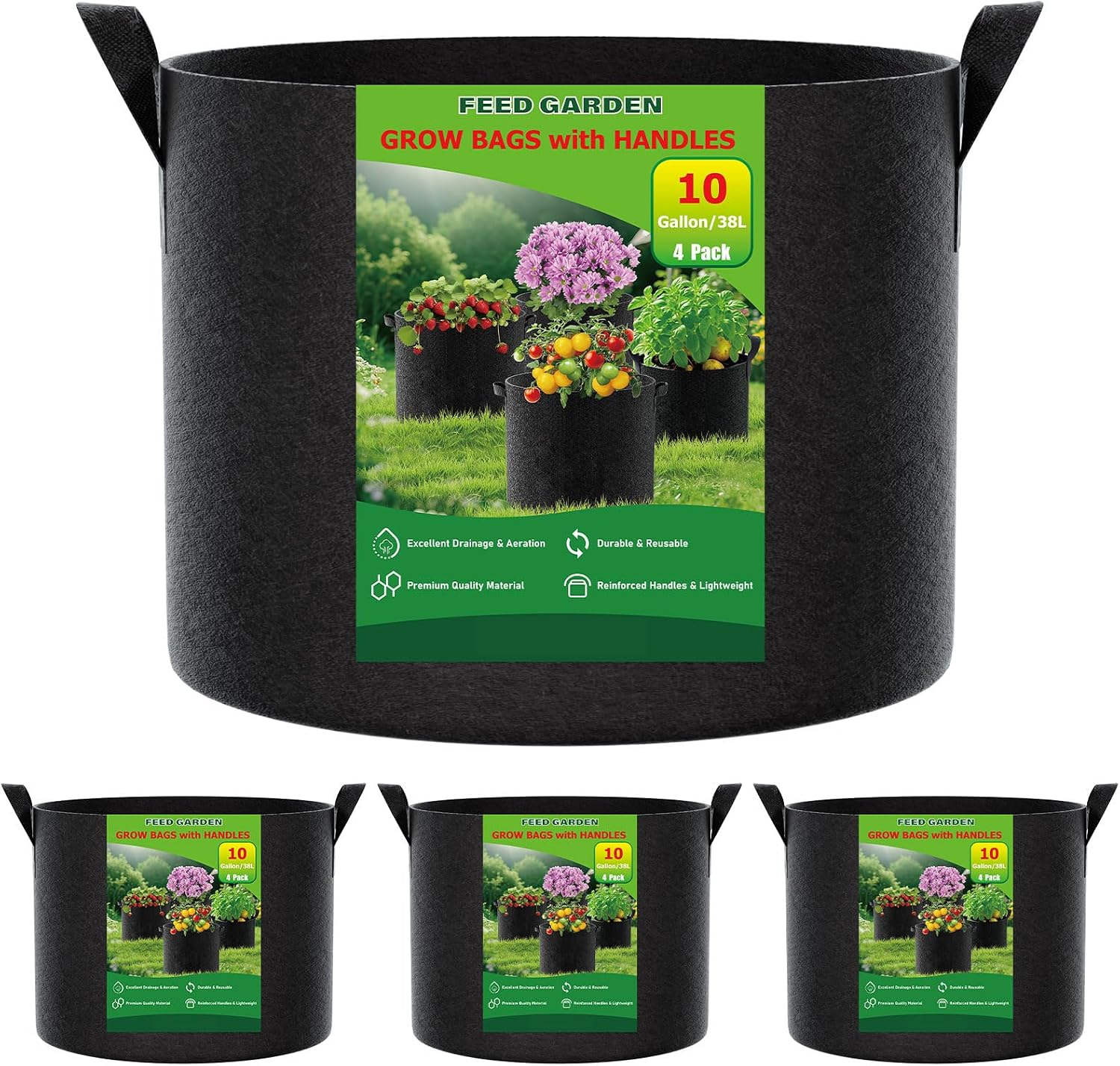 FEED GARDEN 4 Pack 10 Gallon Grow Bags with Handles, Heavy Duty Nonwoven Fabric Pots for Vegetables, Tomatoes, Herbs – Breathable, Reusable Plant Containers for Indoor & Outdoor Gardening