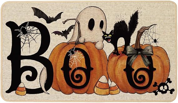 Baccessor Halloween Pumpkins Welcome Doormat 17x29 Inch, Boo Ghost Black Cat Decorative Front Door Mat Non Slip Rubber Backing Fall Seasonal Entryway Floor Decoration