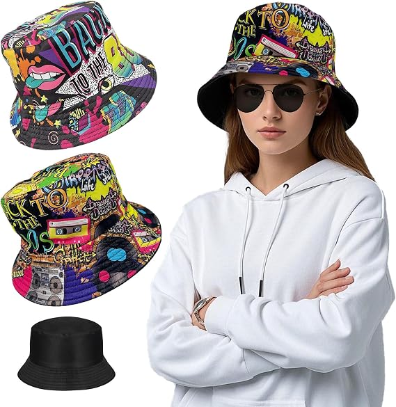 Pack of 2 Fishing Hats Bucket Hat Retro 80s 90s Style Fishing Hat Unisex Double-Sided Summer Hat for Disco Hip Hop Outdoor