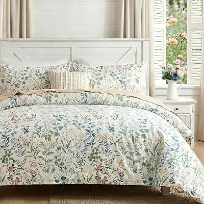 Green Floral Comforter Set King Size 100% Cotton Comforter 3 Pieces Soft Lightweight Reversible Retro Floral Bedding Sets for All Season