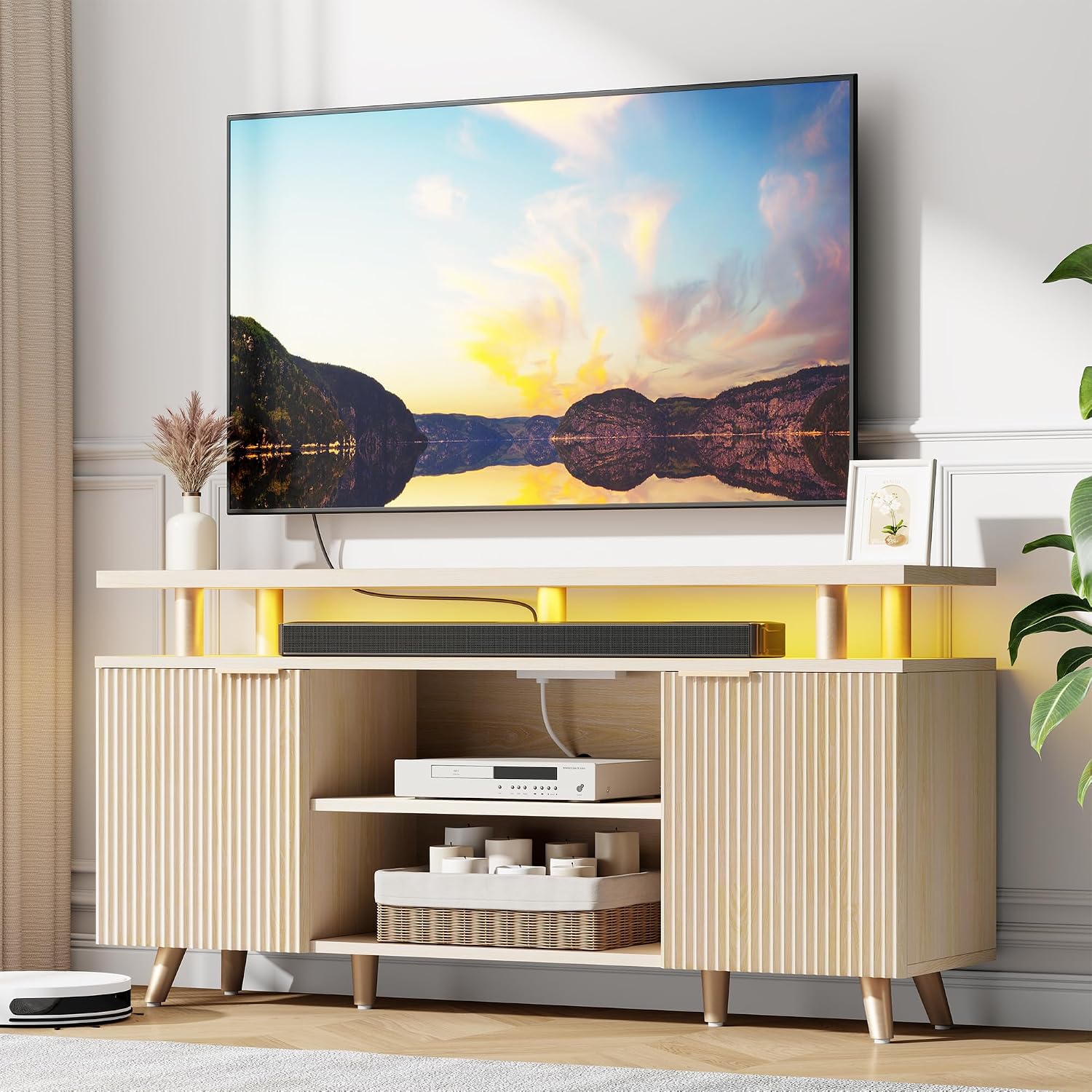 Fluted TV Stand for 606570 Inch TV, Entertainment Center with Storage, Open Shelves, Power Outlets, LED Lights, Modern TV Media Console for Living Room Bedroom, Light Oak