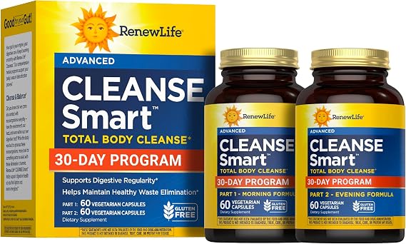 Renew Life Cleanse Smart Advanced Total Body Program, 2-Part Detox Cleanse Promotes Digestive Regularity and Supports Waste Elimination, Herbal Blend with Magnesium, Soy and gluten-free, 120 Count | Supports Digestive Regularity | Vegan, Dairy and Gluten Free Formula
