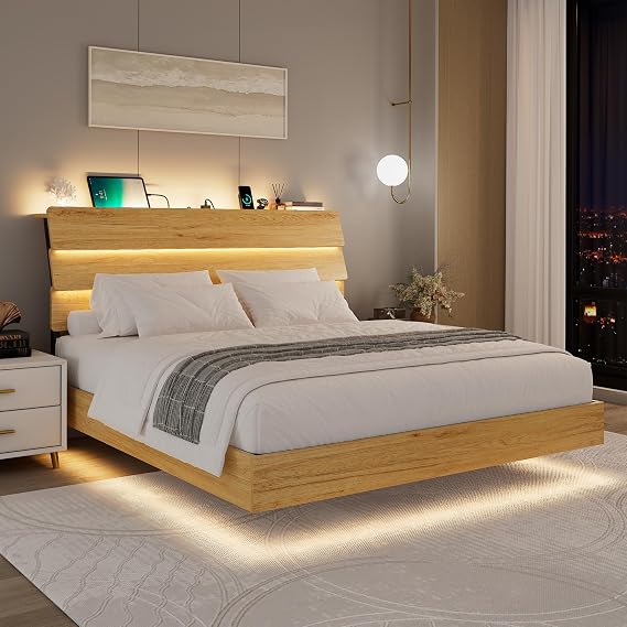 Feonase Floating Bed Frame Full with Led Lights and Charging Station, Wood Full Size Bed Frame with Storage Headboard, Heavy Duty Metal Slats, No Box Spring Needed, Easy Assembly, Noise-Free,Oak