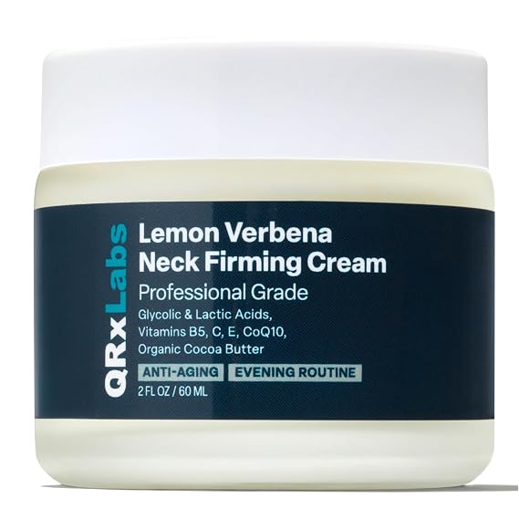 QRxLabs Lemon Verbena Neck Firming Cream Tightening & Lifting Moisturizer for Loose, Wrinkled or Sagging Skin, Decollete & Chest Best to Prevent Turkey/Crepe Neck 2 fl oz
