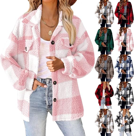 Plaid Jackets for Women Plus Size Distressed Fitted Cardigan Coat Warm Winter Fall Winter Coat Fur Flannel Shirt Jackets Wool Fuzzy Puffy Outerwear Button Insulated Outdoor Overcoat