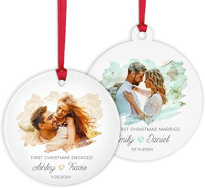 Personalized Our First Christmas Ornaments with Photo - Custom First Christmas Married Ceramic with Picture & Names - Unique Husband and Wife Merry