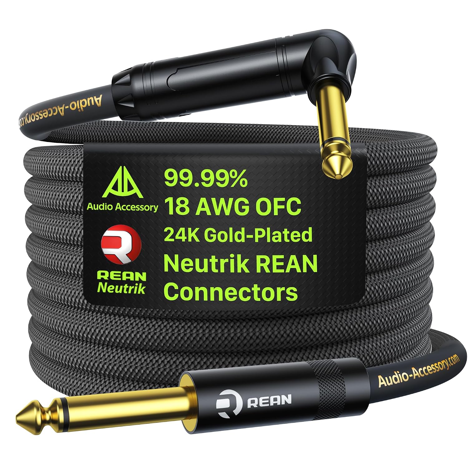 Pro Series Guitar Cable 3 m, Gold-Plated Neutrik REAN Connector, 18 AWG 99.99% OFC, Low Capacitance Straight to Right Angle 6.35mm Guitar Lead for Fender Electric Guitar