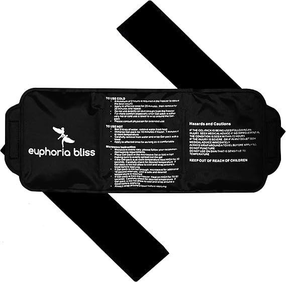 Hot and Cold Gel Ice Pack with Strap Reusable Flexible After Freezing 14'' x 6'' Back Neck Shoulders Jaw Wrist Legs Ankles Abdomen (Black)