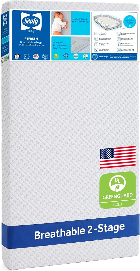 Sealy Baby Infant and Crib Mattress - Refresh 2 Stage, Breathable and Waterproof, GREENGUARD Gold Certified, Made in USA