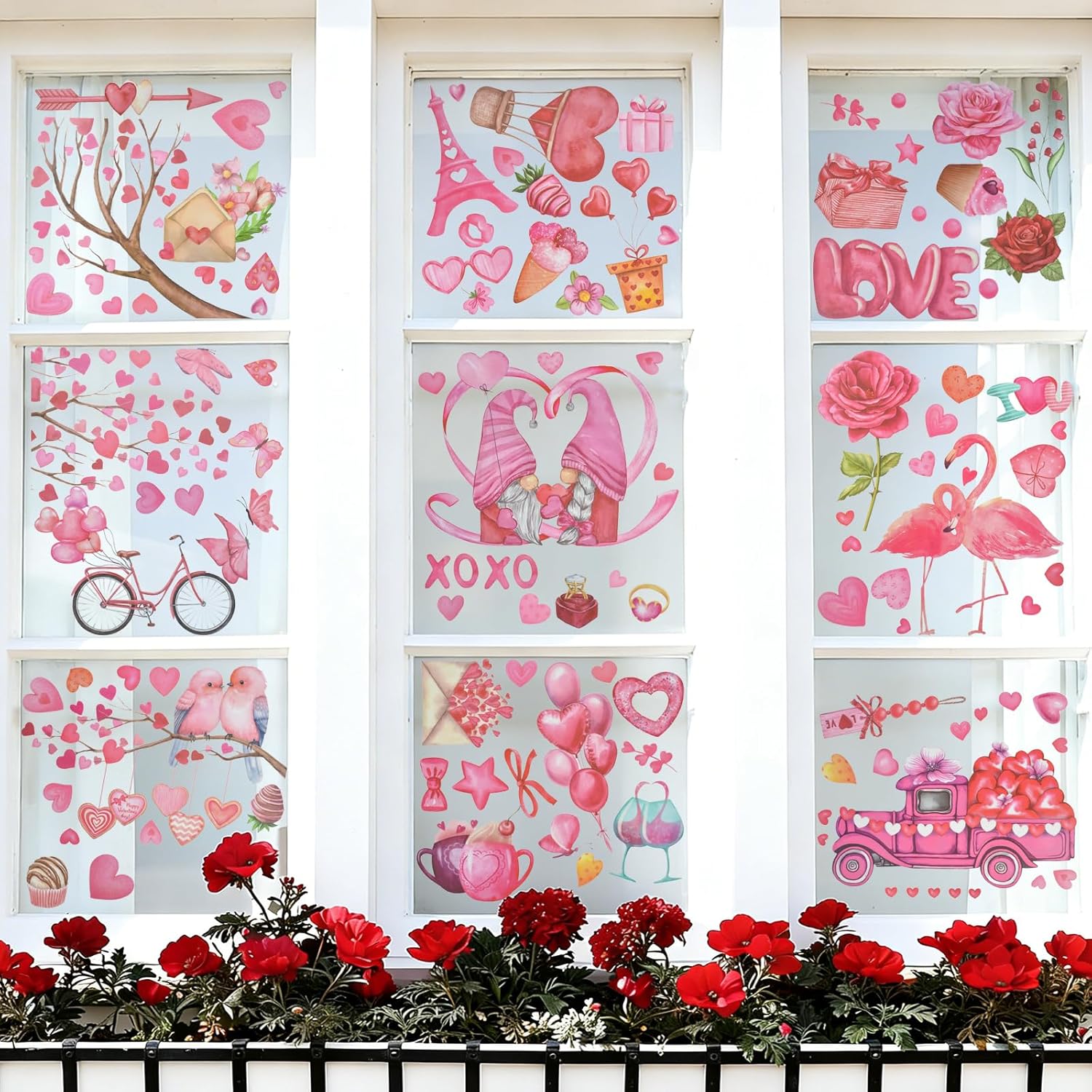 9 Sheets Valentines Day Window Clings Decorations, Valentines Pink Flower Love Stickers Double Sided Window Clings for Glass Windows, Reusable Decals Decor for Home Anniversary Wedding Party