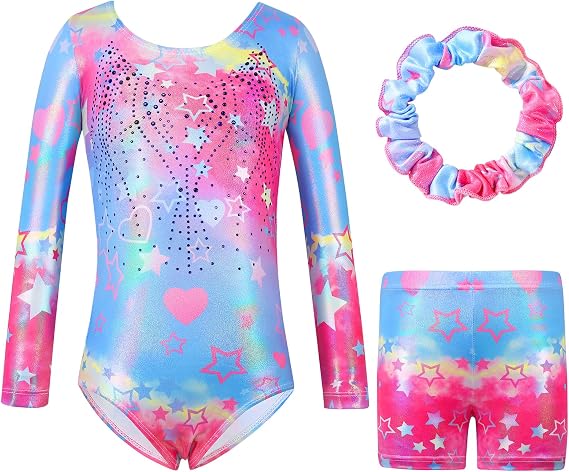 Gymnastics Leotards for Girls Kids Sparkly Ballet Dance Leotard Tumbling Shorts Teen 3 Piece Clothes Sets Gym Outfits