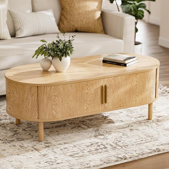 ZttRiee Oval Coffee Table with Sliding Doors, Modern, Natural | 47.24"L x 21.65"W x 16.14"H, 200 lbs capacity, 2 front & back storage areas, ~60 min assembly