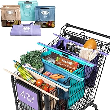 Lotus Original Trolley Reusable Shopping Bags 4-Pack Detachable & Reusable Grocery Bags Foldable with Insulated Grocery Bag & Egg/Wine Holder Washable Shopping Totes to Save Time & Easy Storage