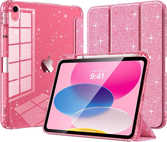 TiMOVO Case for iPad A16 11th Gen 11"/10th Gen 10.9",Glitter Pink | Pencil Holder, Glitter TPU Protective Cover, Shiny Clear Back Shell, Slim Trifold Stand, Auto Wake/Sleep