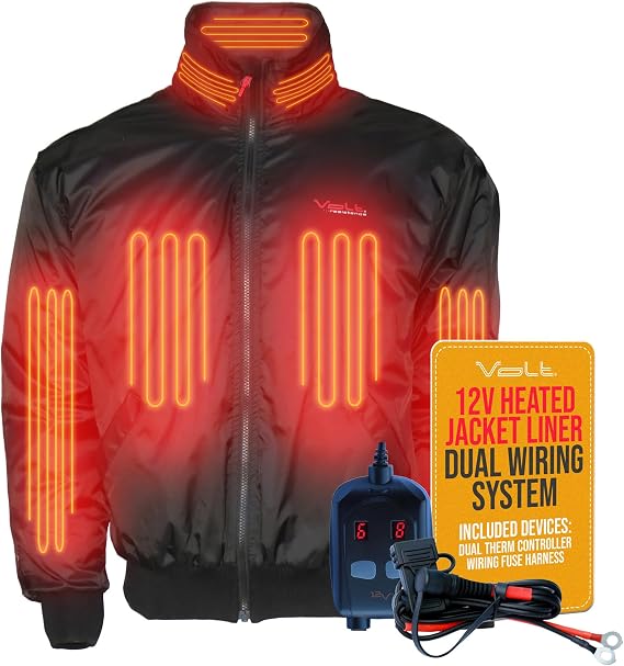 Volt 12V Heated Jacket Liner - Dual System Wired Heated Coat for Motorcycle Riders - Winter Coat for Bikers