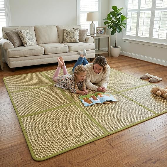 71'' x 71'' Large Japanese Tatami Mat, 0.47'' Thickness Foldable Thickness Rattan Japanese Floor Mats with Storage Bag,