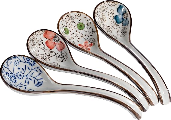 Premium Japanese Ceramic Soup Spoons - Set of 4 Hand-Crafted Asian Spoons for Ramen, Pho & Miso Soup - Dishwasher Safe Gift Set