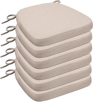 Sunsleek Chair Cushions for Dining Chairs, D-Shaped Seat Cushions with Removable Washable Cover and Ties, Chair Pads for Kitchen, Indoor Dining Room, Patio Chairs, 17'' x 16'', Set of 6, Beige