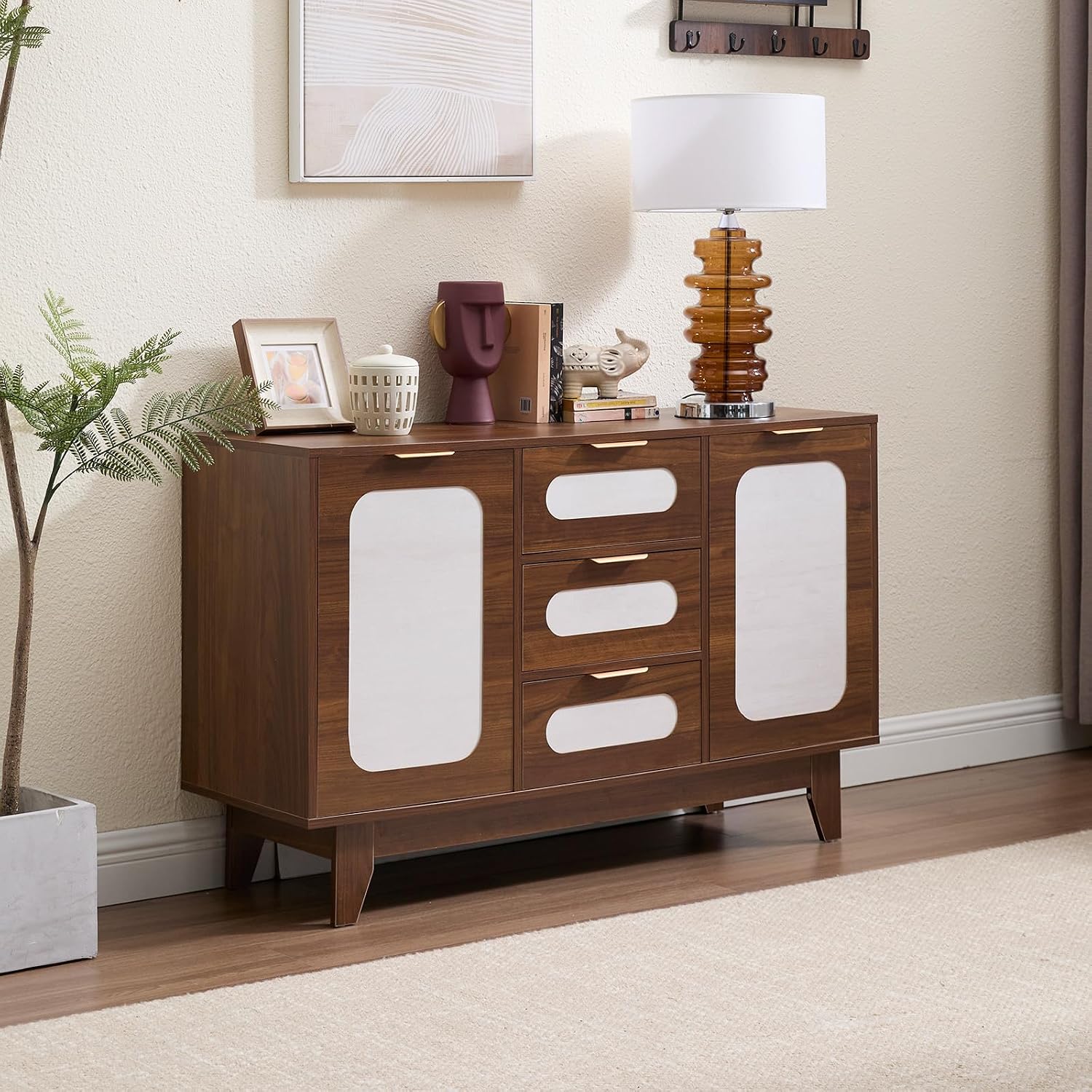 CANMOV 47 Buffet Cabinet with Storage, Mid Century Sideboard Cabinet with 3 Drawers & 2 Doors, Wood Coffee Bar Sideboard for Kitchen, Dining&LivingRoom, Walnut