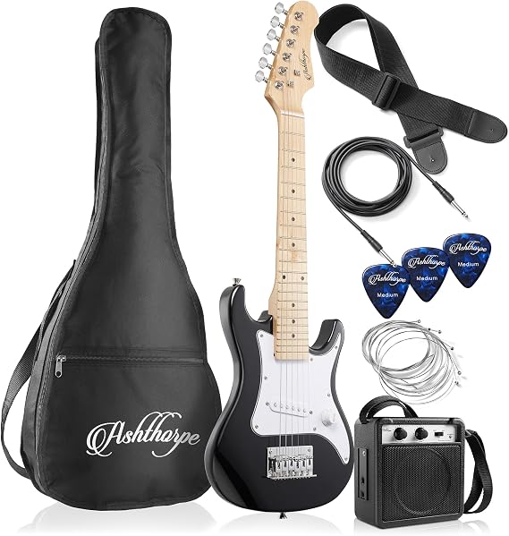 Ashthorpe 30-inch Kids Electric Guitar Beginner Kit with Amplifier (Black), Basic Starter Package w/Gig Bag, Strings, Strap, Picks