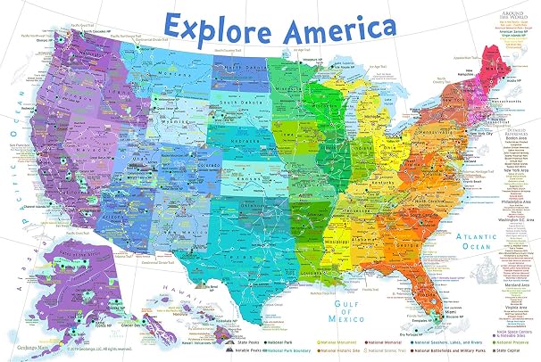 USA Map For Kids - United States Map Poster - Rainbow Edition (24W x 16H)
