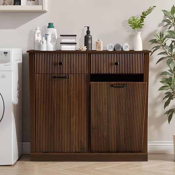 Double Tilt Out Laundry Basket Cabinet, Wood Laundry Hamper, Versatile Storage Cabinets with Drawer, Vertical Fluted Trash Can Cabinet for Bathroom, Living Room, Kitchen (brown)