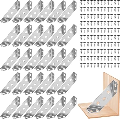 30Pcs Universal Furniture Corner Connector, Stainless Steel Angle Corner Brackets for Shelf Cabinet Table Chair, Trapeziform Corner Brace Support Bracket Fastener with Screw