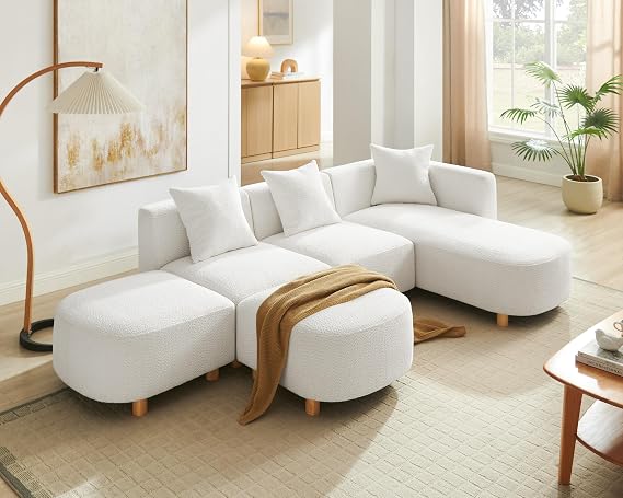 VANOMi 109.84" Modular Sectional Sofa with Pillows, 5-Seater, Boucle White
