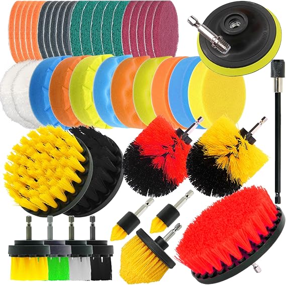 46PCS Drill Brush Attachment Set, All Purpose Power Cleaning Brush Set with Brush, Scrub Pads, Sponge, Car Polishing Pads, Extend Long Attachment for Bathroom Kitchen, Tile, Sinks, Car