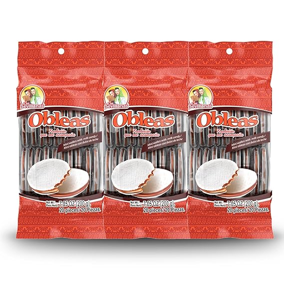 Las Sevillanas Mini Obleas Cajeta Dulce de Leche Mexican Wafer Snack 7.05oz | Mini obleas 3-pack filled with creamy cajeta dulce de leche, a traditional Mexican sweet perfect for snacks and desserts.