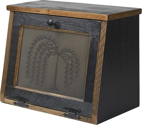 Rustic Wood Bread Box Large Kitchen Counter Storage Punched Willow Tin Primitive decor Interior Shelf Wooden Country Farmhouse Breadbox (Antique Black)