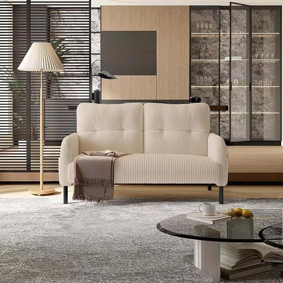 47.24" Loveseat Couch, Beige Small Couches for Living Room with Armrest and Metal Legs, Corduroy Comfy Loveseat Sofa with Side Pockets for Bedroom, Small Spaces, Dorms, Office (Beige, 2)