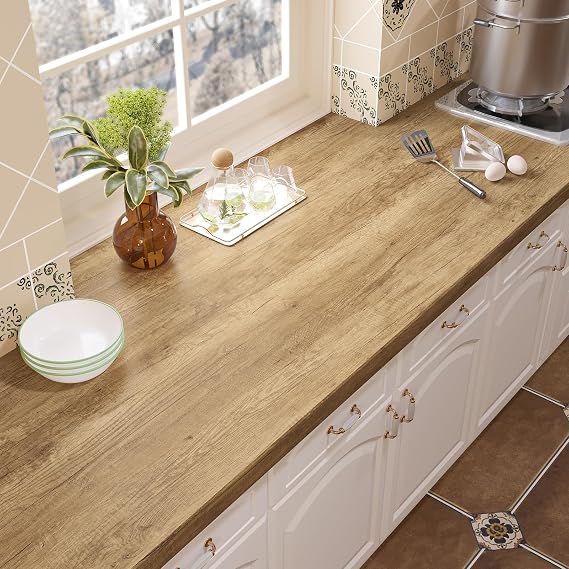 Light Brown Oak Wood Wallpaper Peel and Stick Wood Grain Contact Paper 15.7"x160" Waterproof Wooden Removable Vinyl Thick Adhesive Brown Countertop Contact Paper for Kitchen Table Cabinets