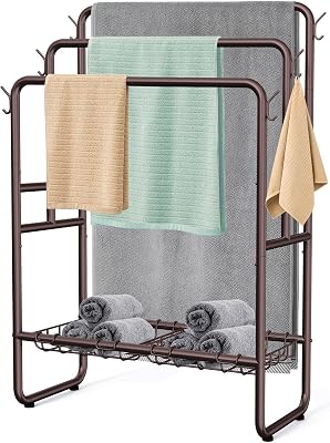 Kayfia 40 Tall Standing Towel Rack for Extra Large Towel, 3 Tier Floor Towel Stand with Storage Basket & Hook, Freestanding Blanket Ladder Display and Drying Rack for Bathroom Living Room