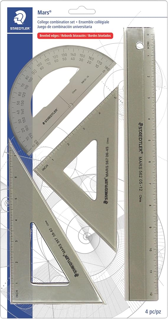 STAEDTLER College Combination Set - Triangle, Protractor & Ruler Set, Transparent Smoke Plastic with Beveled Edges, 4-Piece Set
