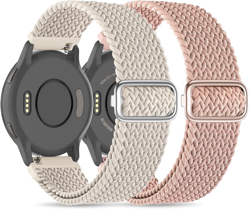 Braided Elastic Band Compatible with Garmin Vivoactive 5/Vivoactive 3/Venu/Venu Sq Watch Bands, 20mm Adjustable Nylon Replacement Straps for Forerunner 165/55/245 Music for Women Men(2 Pack)