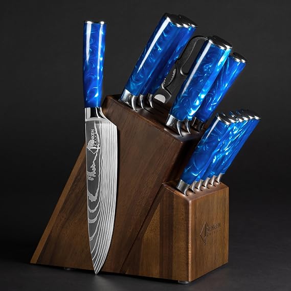SENKEN 16-Piece Knife Block Set - Japanese High Carbon Stainless Steel with Damascus Pattern, Blue Resin Handles, 6 Steak Knives & Acacia Hardwood Block (Blue)