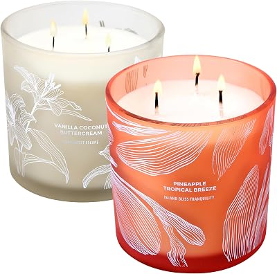 Pineapple Tropical Breeze and Vanilla Coconut Buttercream Scented 3 Wick Candles Variety Pack Large Soy Candle Set of 2 x 14.5 Oz