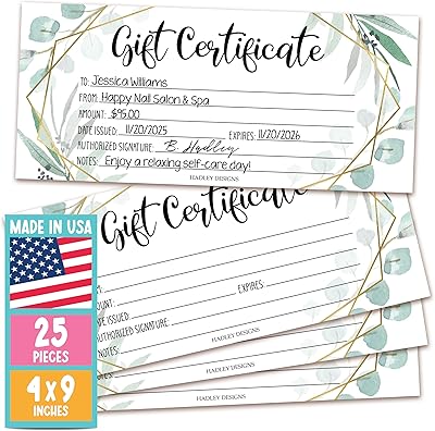 Hadley Designs 25 Blank Gift Certificates for Business 4x9 Christmas Gift Certificates Cards for Small Business, Spa, Massage, Nail & Hair Salon, Restaurant, Holidays Coupon Vouchers, Greenery