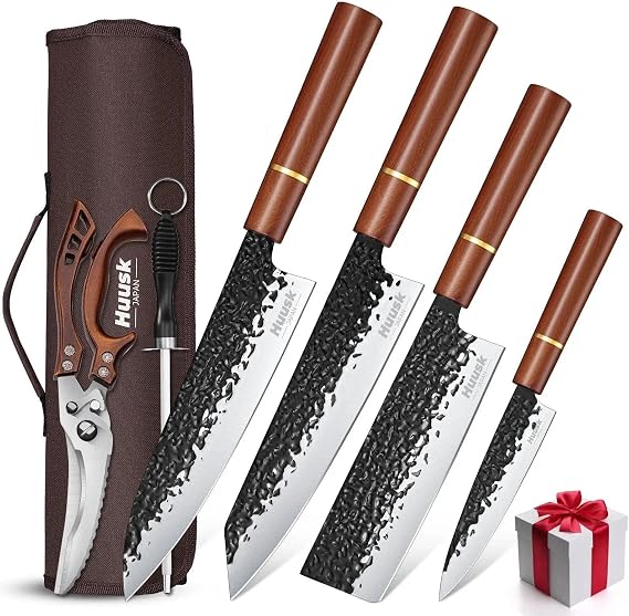 Huusk Japanese Knife Set 6pcs with Covers - Professional Chef Knife Set | Bag & Sharpener, High Carbon Steel Forged Knives Sets with Scissors, Japanese Kitchen Knives Sets, Fathers Day Gift