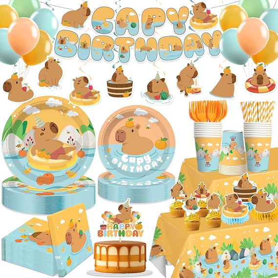213Pcs Capybara Birthday Decorations Tableware Set, Serves 25 | No assembly disposable plates and napkins set, cake topper, balloons, banner, tablecloth, for capybara party decorations