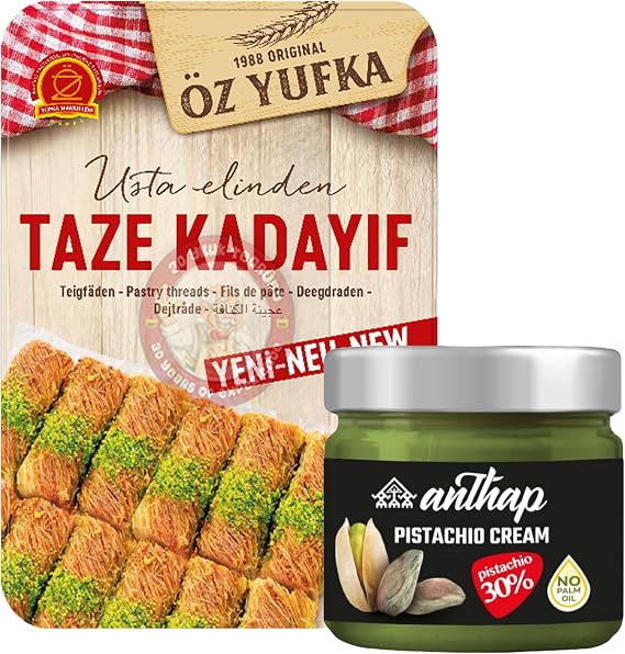 Premium Anthap 30% Antep Pistachio Paste Spread 200 G + Theos Fresh Kadayif Pastry Threads Kataifi Turkish Pistachio Paste 400 G Best Match use Dubai Chocolate KIT by TOM UK