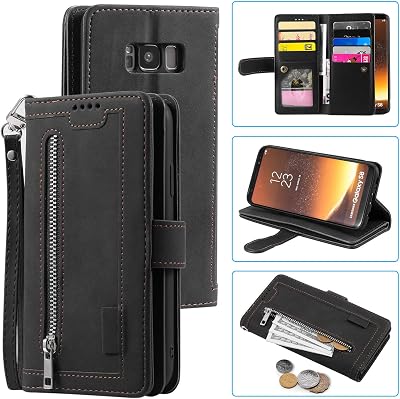 UEEBAI Wallet Case for Samsung Galaxy S8 Plus, 9 Card Holder Slots Zipper Pocket Handbag Wallet Magnetic Closure Kickstand with Wrist Strap TPU Shockproof Flip Case for Women - Black