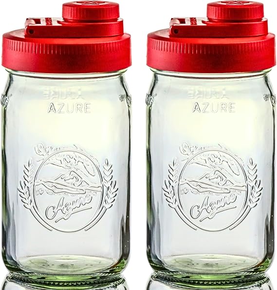 Brewing America Glass Mason Jar Pitcher with Lid - Azure Jars, 1 Quart (32 oz) with Old Glory Red Wide Mouth Pour Lid, for Smoothie, Boba Cup, Sun Tea, Cold Coffee Glass Tumbler, 2-Pack