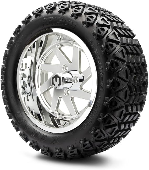MODZ Fury Chrome 14" Golf Cart Wheels and Arisun X-Trail (23x10-14) DOT All-Terrain Golf Cart Tires Combo - Set of 4